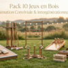 Pack 10 jeux en bois géants installés en extérieur pour animation mariage et vin d’honneur dans un cadre champêtre au coucher du soleil