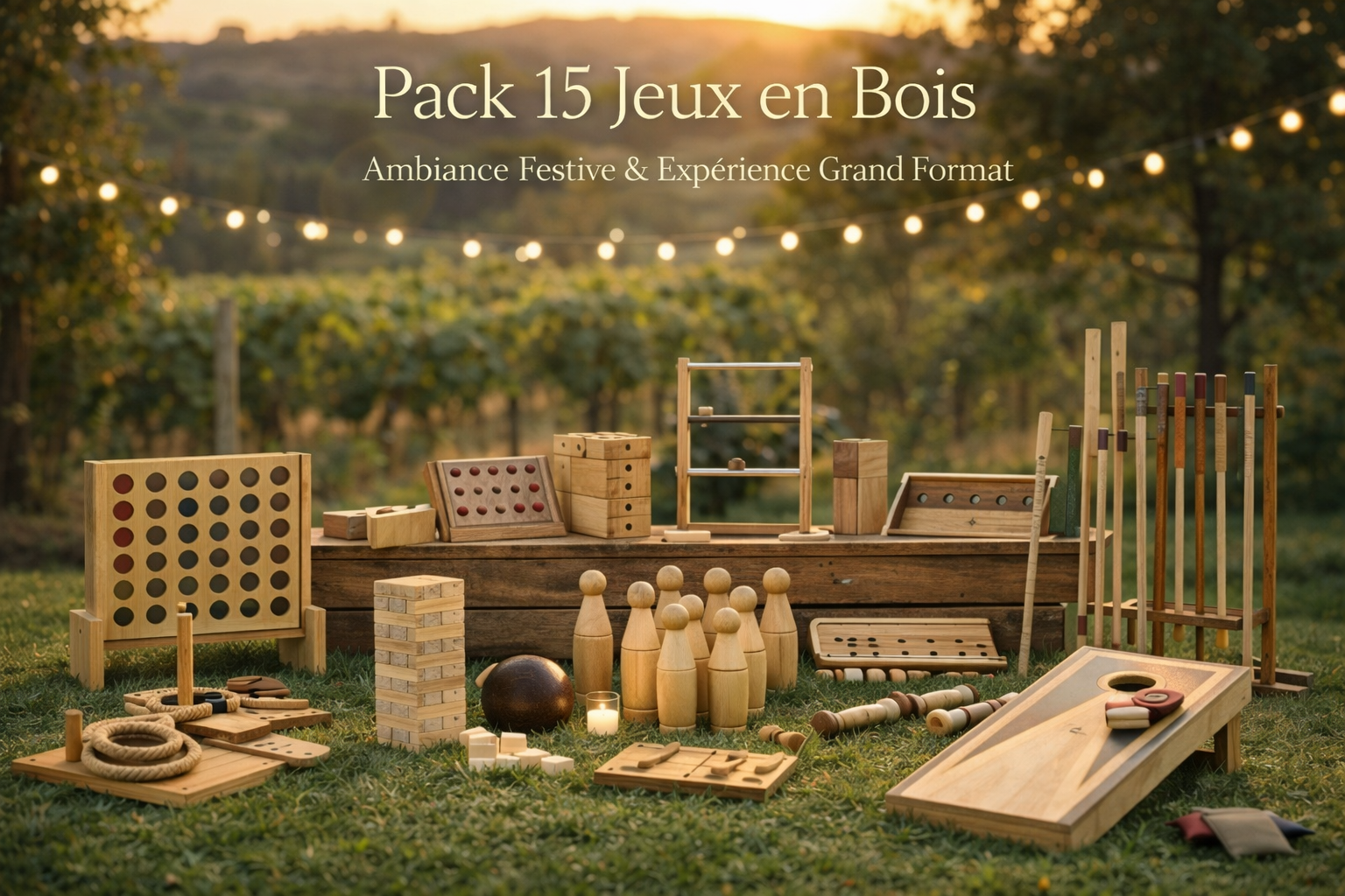 Pack 15 jeux en bois géants pour mariage et événement installés en extérieur avec ambiance lumineuse au coucher du soleil