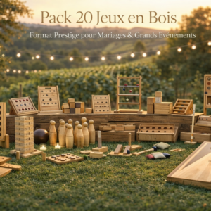 Pack 20 jeux en bois géants disposés en extérieur pour animation mariage haut de gamme et grands événements