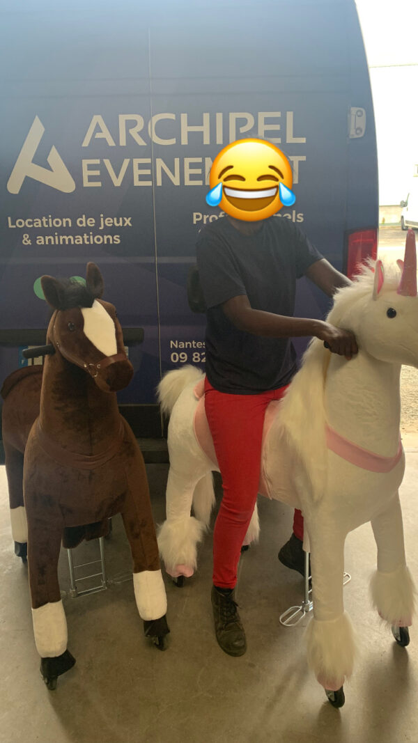 location poney mécanique adulte poney licorne XXL animation poney mécanique événement poney adulte Archipel Événement location duo poney mécanique