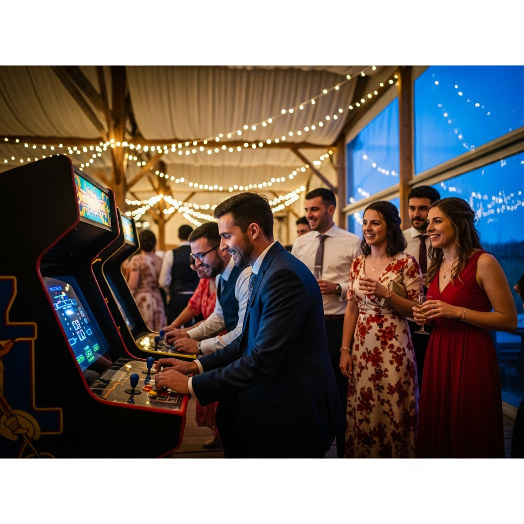 illustration de Location de jeux d'arcade pour mariage : prix, packs et conseils (Ouest de la France)